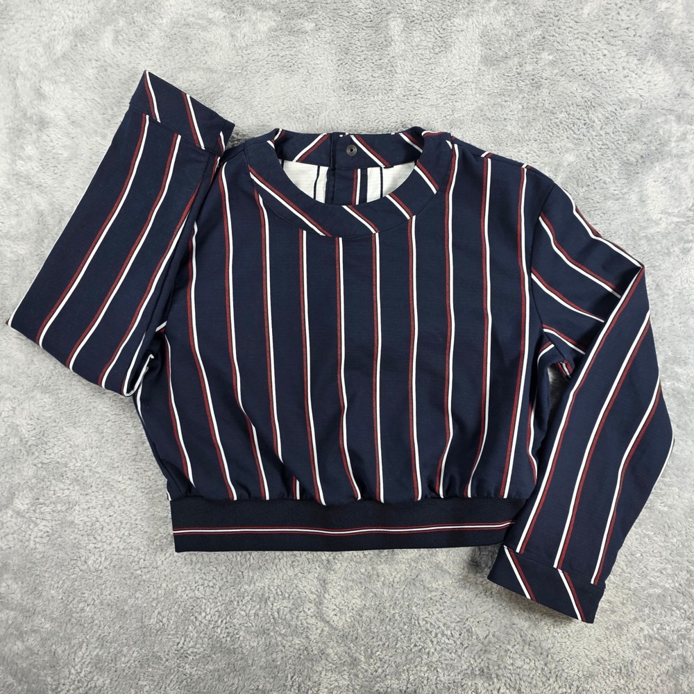 Zara Striped Snap Back Bomber Crop Top Navy Blue Large Preppy Blouse